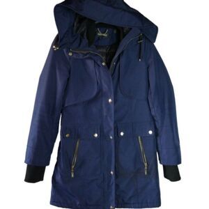 Ellen Tracy Women's Size XS Navy Blue Long Coat Jacket Hooded Buttons Front Zip